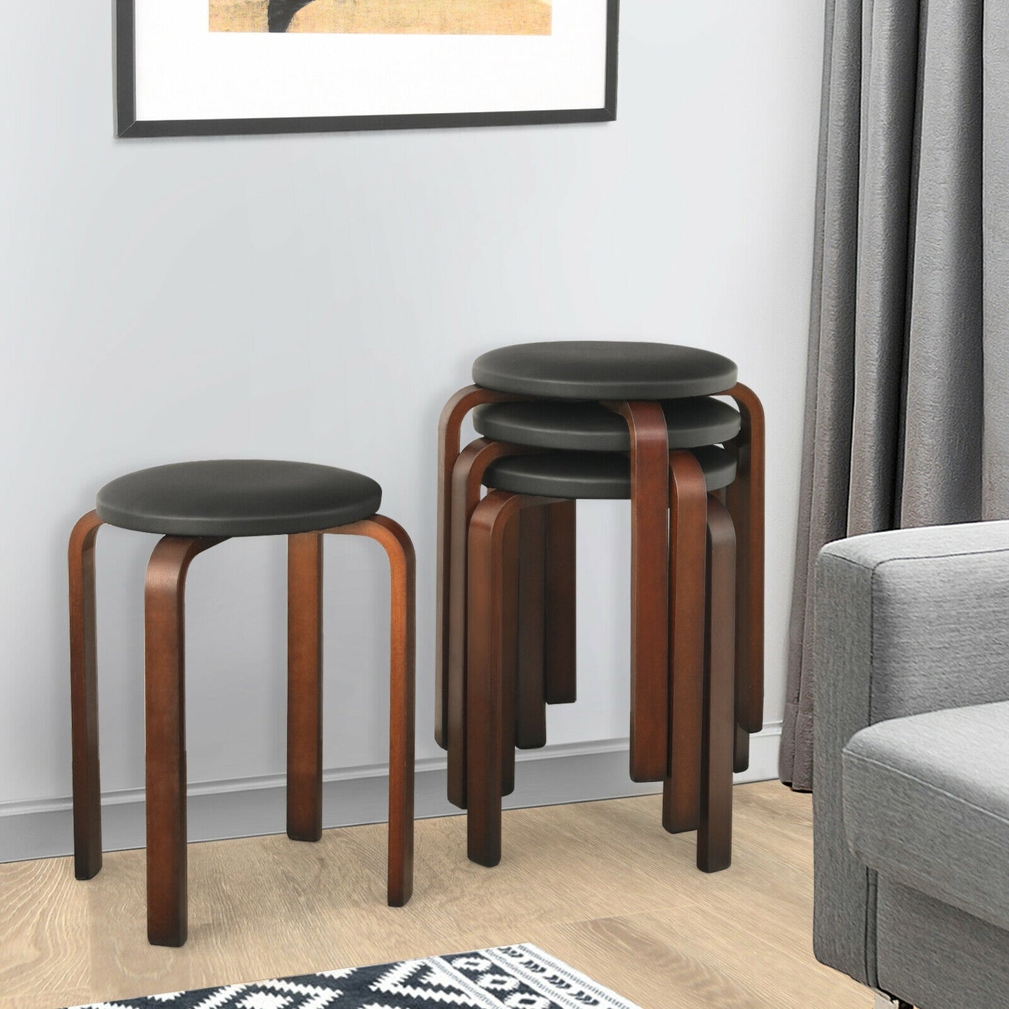 Set of 4 Bentwood Round Stools, Stackable Dining Chairs, Padded Seat, Black Dining Chairs at Gallery Canada