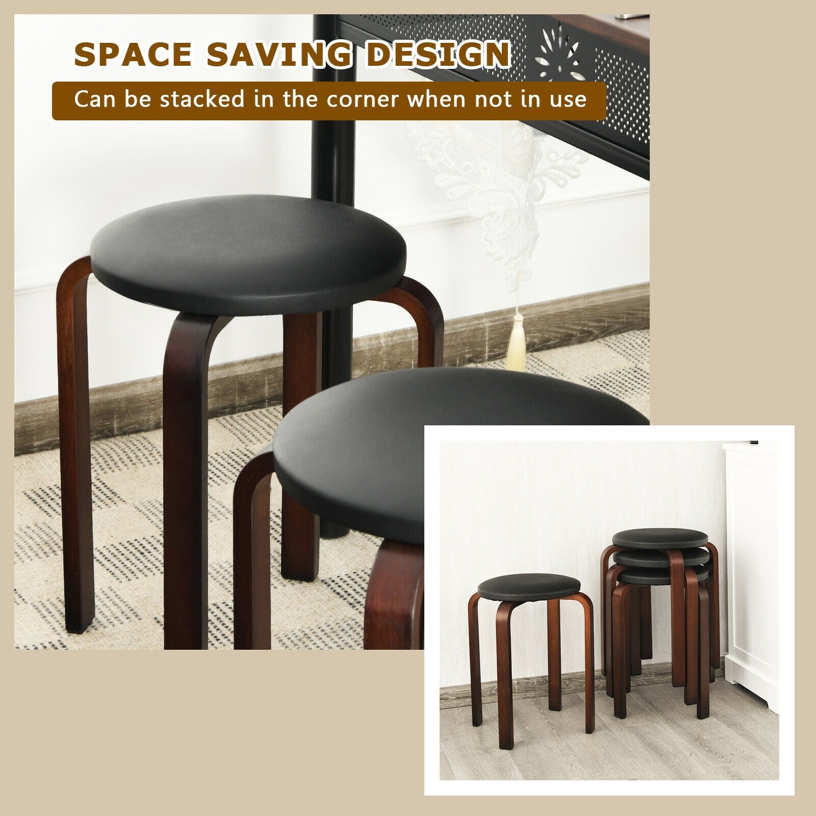 Set of 4 Bentwood Round Stools, Stackable Dining Chairs, Padded Seat, Black Dining Chairs at Gallery Canada