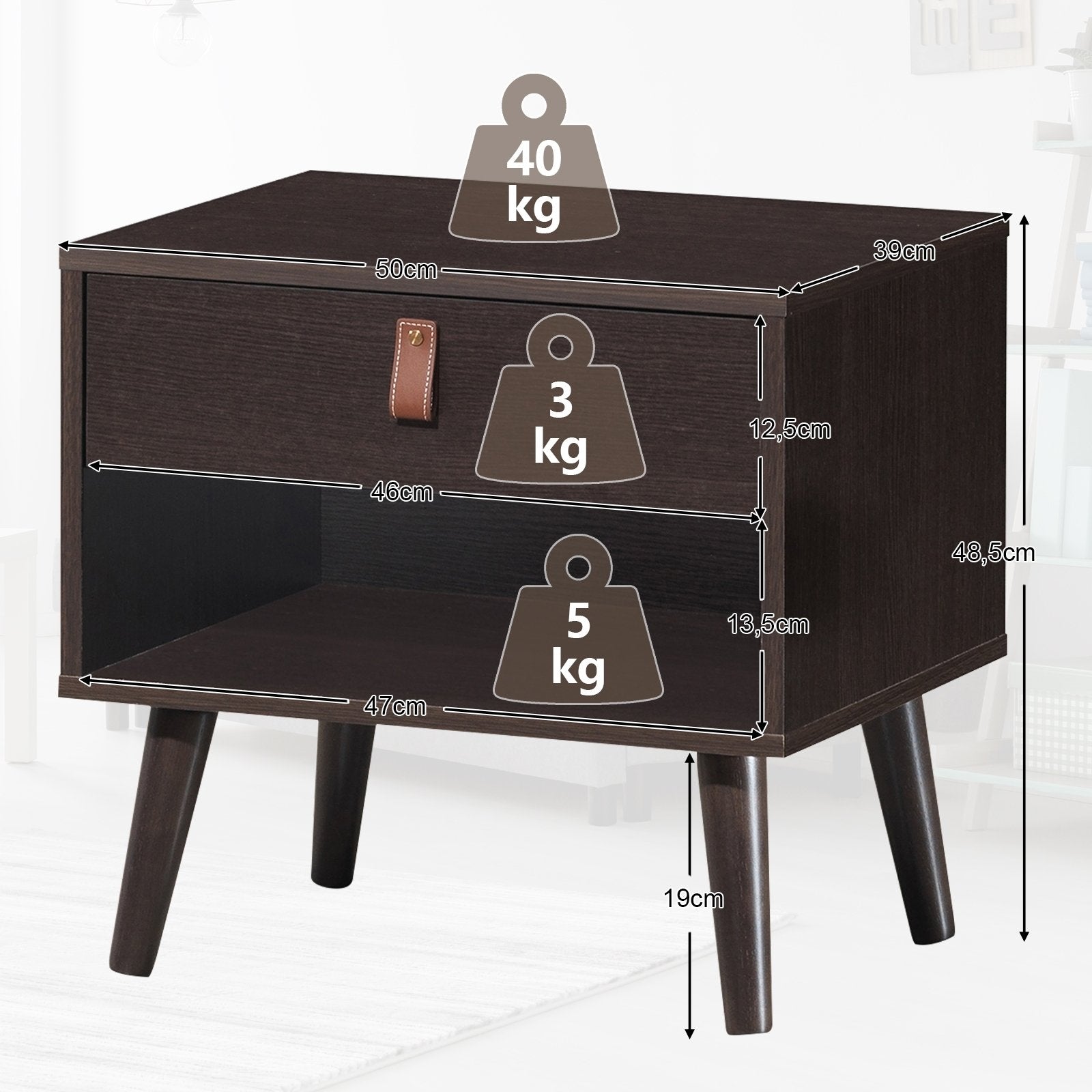 Nightstand Bedroom Table with Drawer Storage Shelf, Brown - Gallery Canada