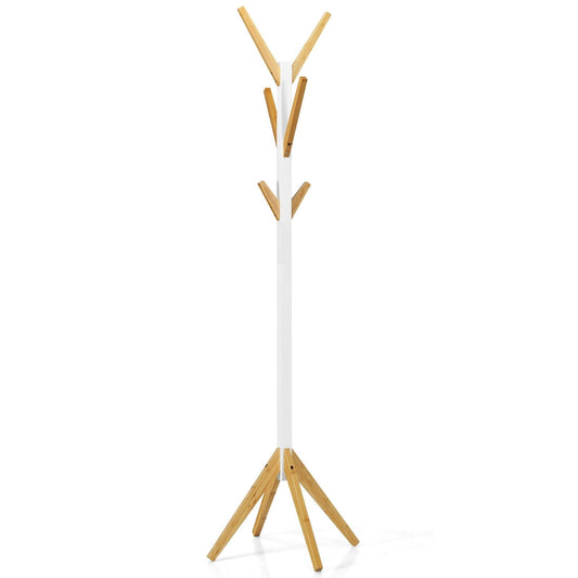 Bamboo Coat Rack Stand with 6 Hooks, White