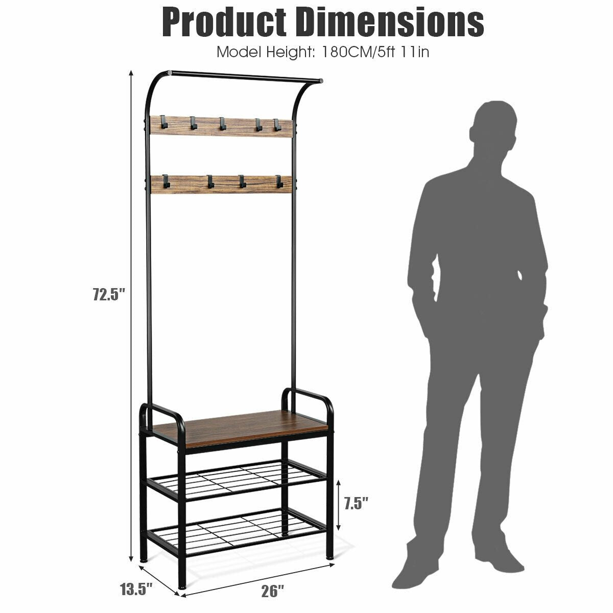 Industrial Coat Shoe Bench Entryway Shelf with 9 Hooks at Gallery Canada