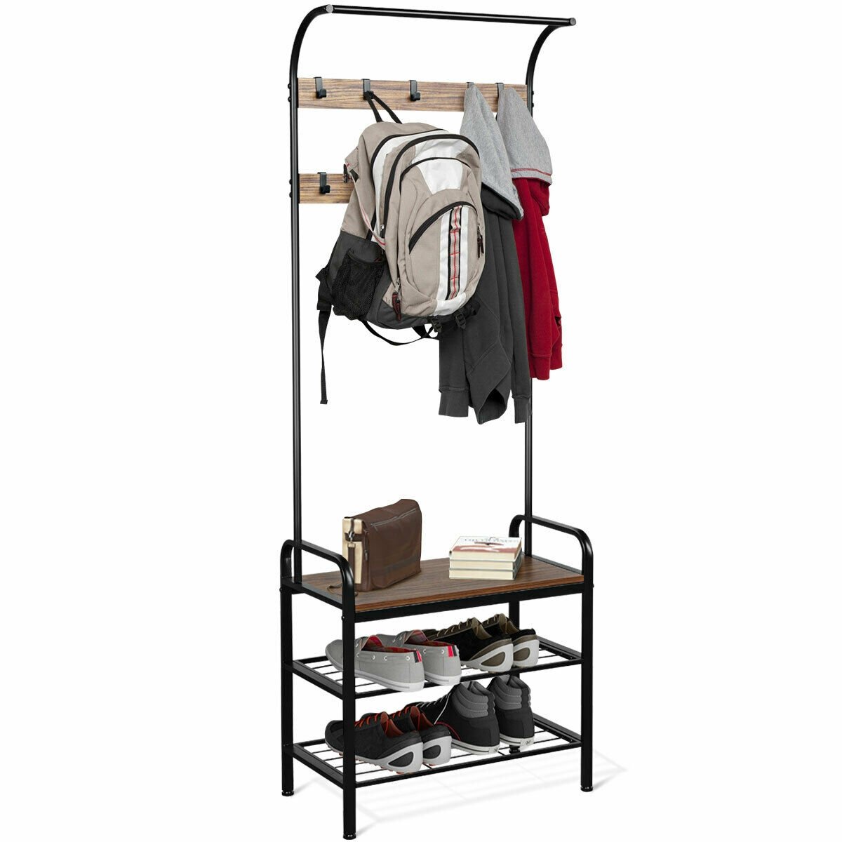 Industrial Coat Shoe Bench Entryway Shelf with 9 Hooks at Gallery Canada