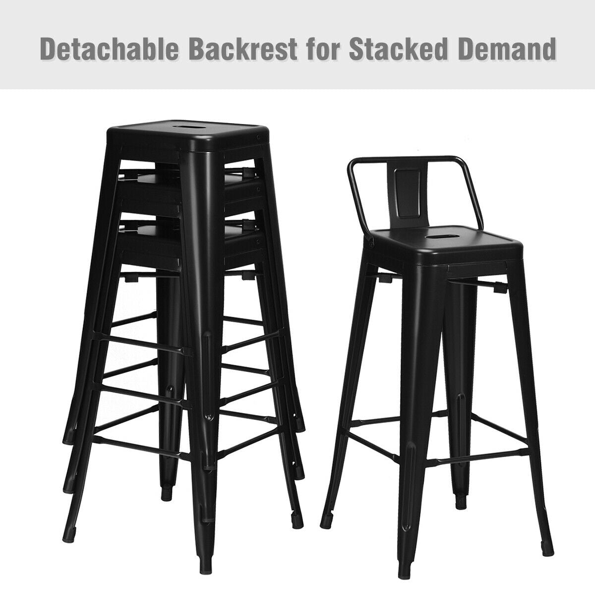 30 Inch Set of 4 Metal Counter Height Barstools with Low Back and Rubber Feet, Black Bar Stools at Gallery Canada