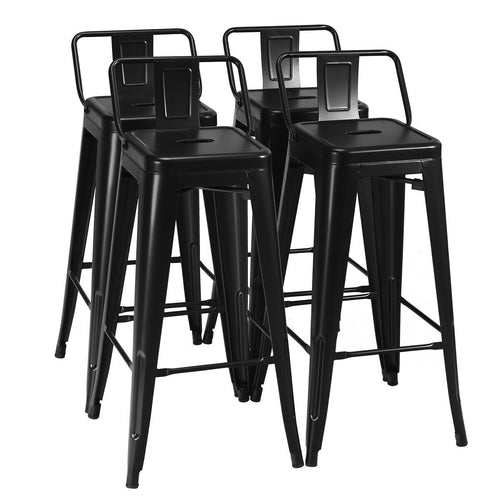 30 Inch Metal Counter Height Barstools, Set of 4, Low Back, Rubber Feet, Black