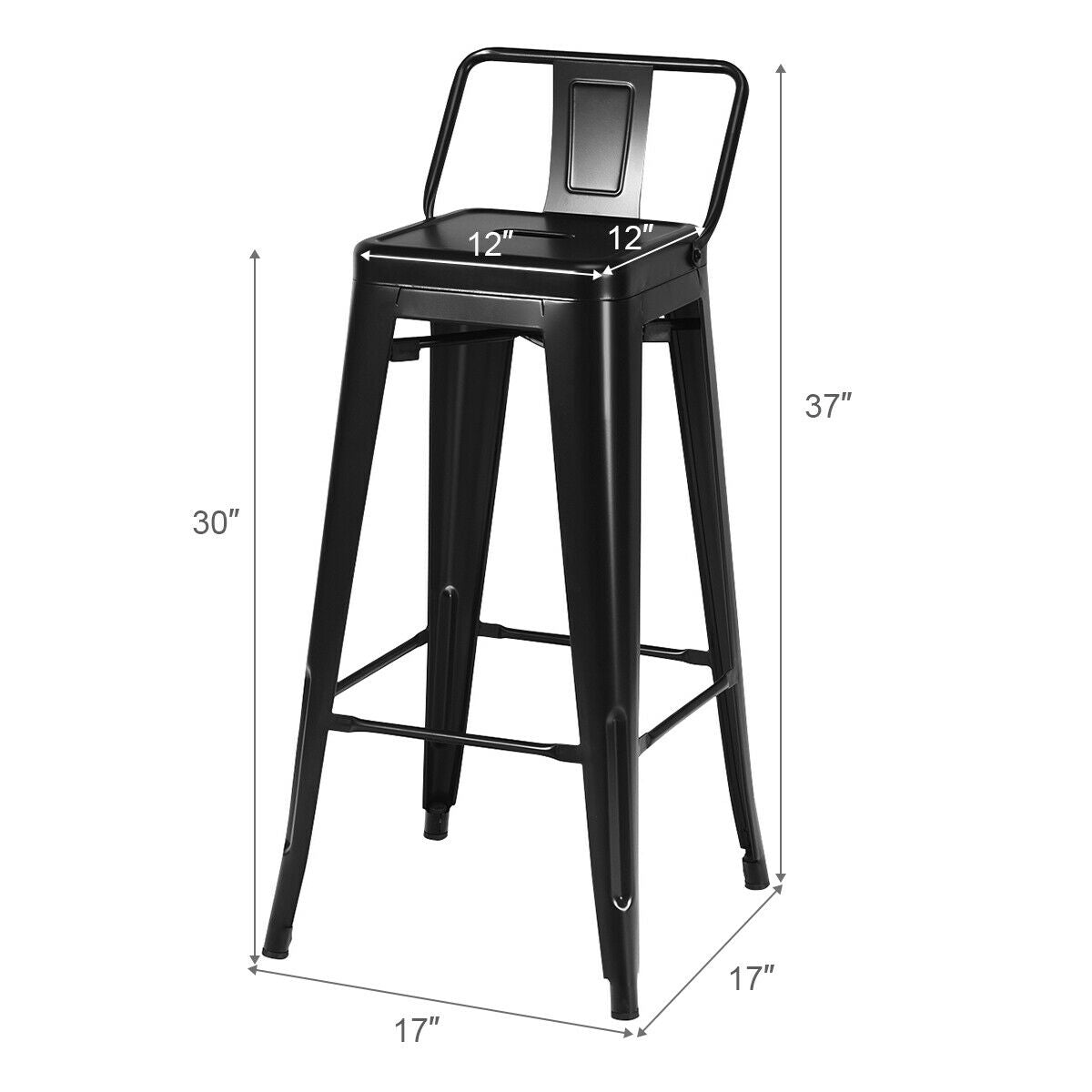 30 Inch Set of 4 Metal Counter Height Barstools with Low Back and Rubber Feet, Black Bar Stools at Gallery Canada