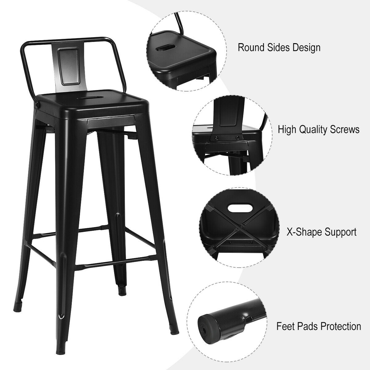 30 Inch Set of 4 Metal Counter Height Barstools with Low Back and Rubber Feet, Black Bar Stools at Gallery Canada
