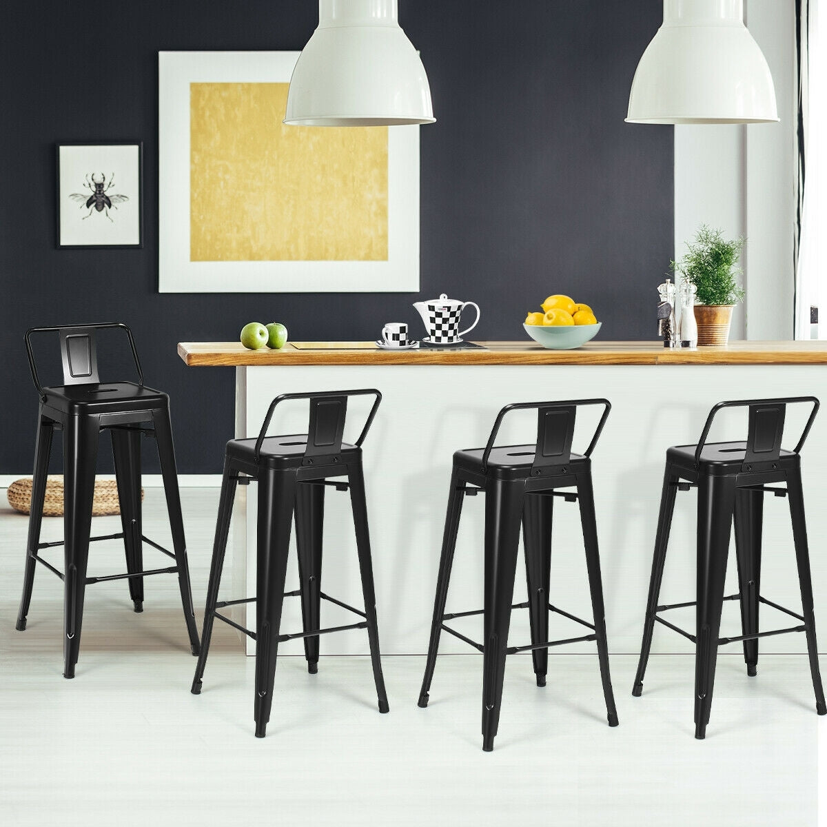 30 Inch Set of 4 Metal Counter Height Barstools with Low Back and Rubber Feet, Black Bar Stools at Gallery Canada