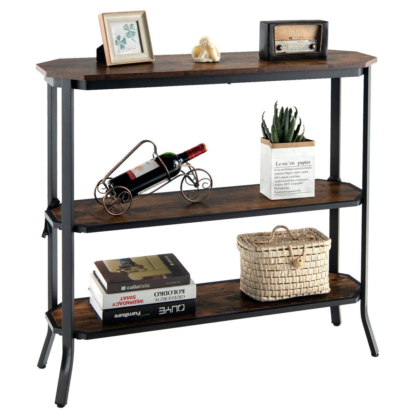 3-Tier Steel Frame Entryway Sofa Console Table for Hallway and Living Room, Rustic Brown - Gallery Canada