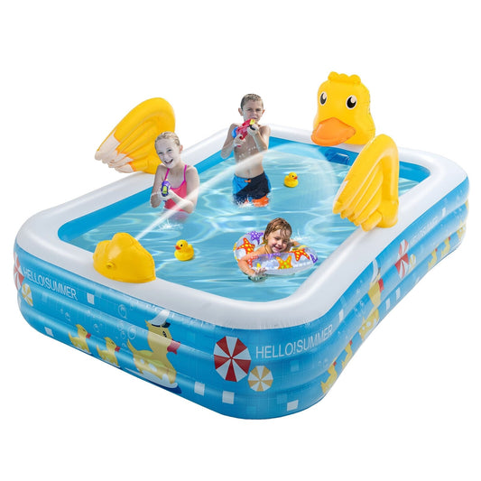 Inflatable Swimming Pool Duck Themed Kiddie Pool with Sprinkler for Age Over 3, Blue