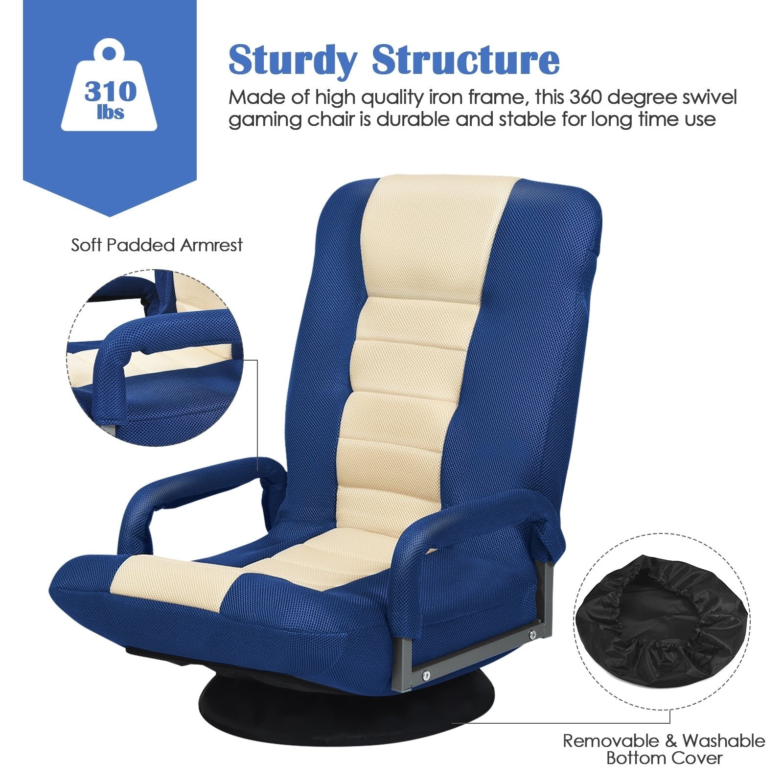360-Degree Swivel Gaming Floor Chair with Foldable Adjustable Backrest, Blue - Gallery Canada