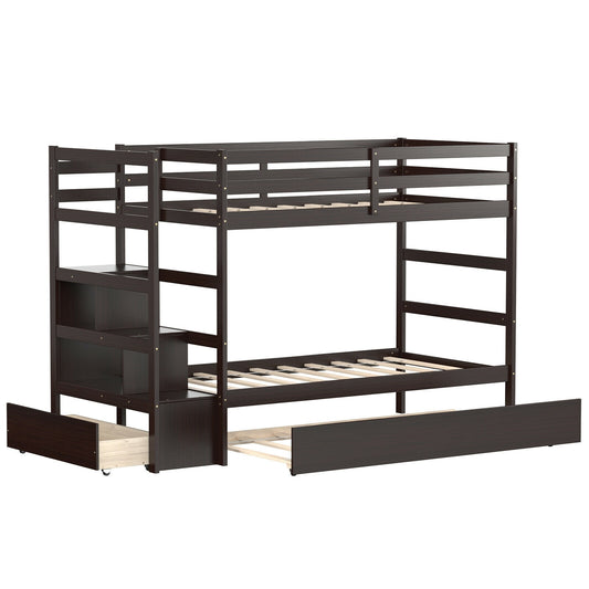 Twin Over Twin Bunk Bed, Storage Shelf, Drawer, Dark Brown