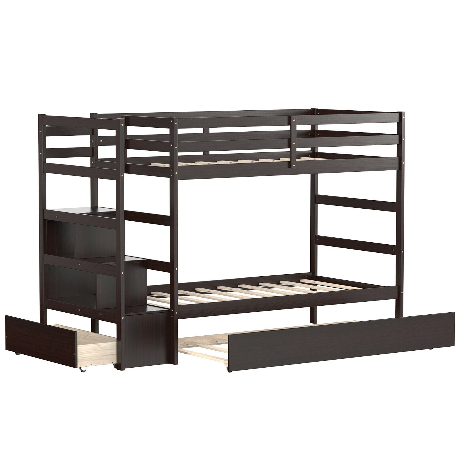 Twin Over Twin Bunk Bed with Storage Shelf and Drawer, Dark Brown Bunk Bed Frame Dark Brown at Gallery Canada