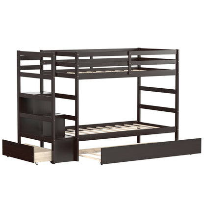 Twin Over Twin Bunk Bed with Storage Shelf and Drawer, Dark Brown Bunk Bed Frame Dark Brown at Gallery Canada
