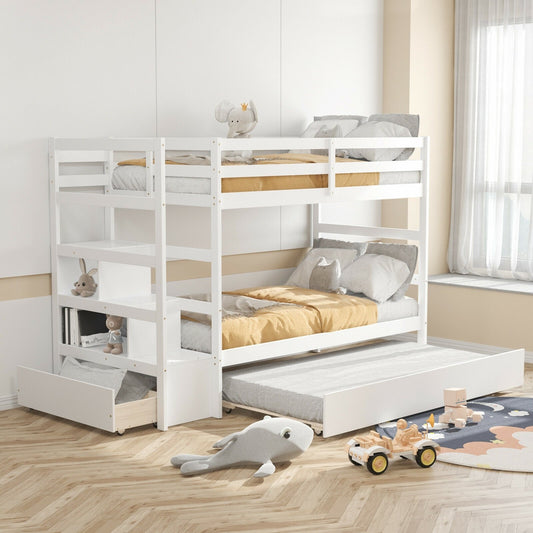 Twin Over Twin Bunk Bed with Storage Shelf and Drawer, White - Gallery Canada
