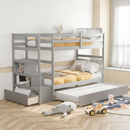 Twin Over Twin Bunk Bed with Storage Shelf and Drawer, Gray - Gallery Canada