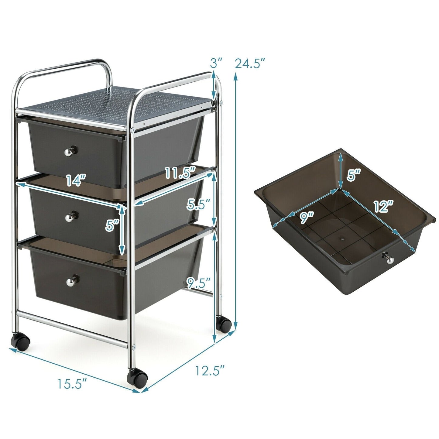 3-Drawer Rolling Storage Cart with Plastic Drawers for Office, Black - Gallery Canada