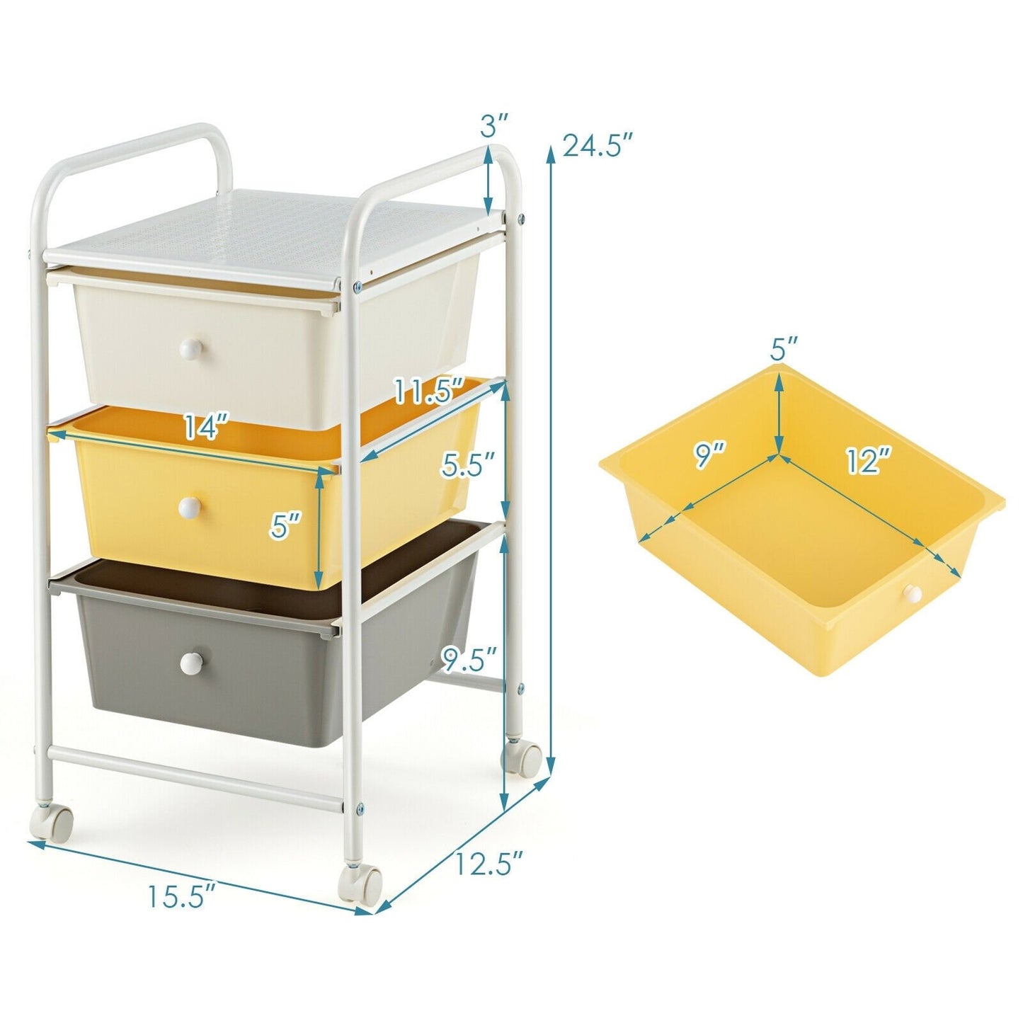 3-Drawer Rolling Storage Cart with Plastic Drawers for Office, Yellow - Gallery Canada