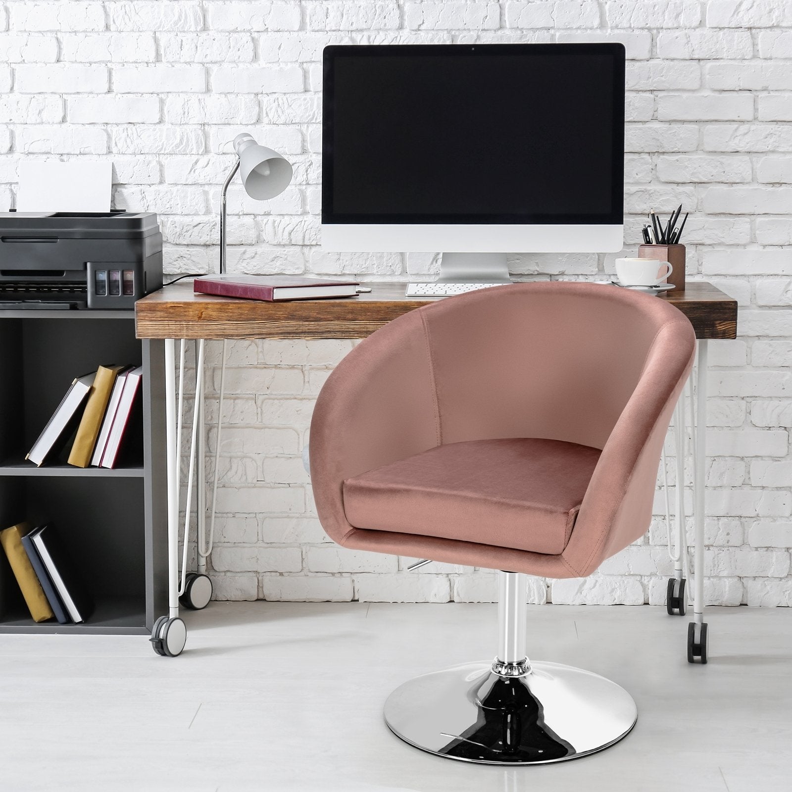360 Degree Swivel Makeup Stool Accent Chair with Round Back and Metal Base, Pink - Gallery Canada