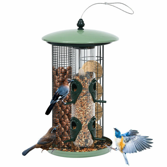 3-in-1 Metal Hanging Wild Bird Feeder with 4 Feeding Ports and Perches, Green