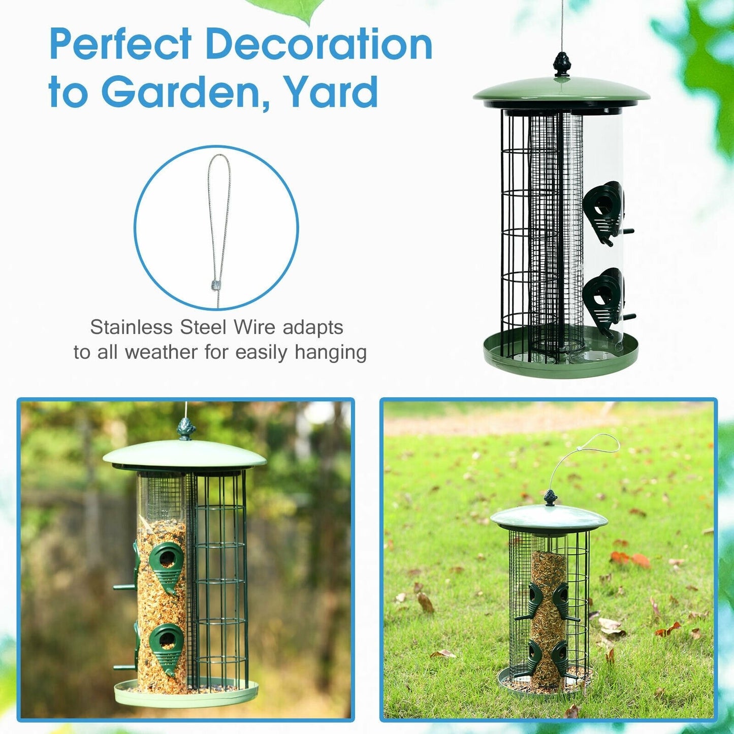 3-in-1 Metal Hanging Wild Bird Feeder with 4 Feeding Ports and Perches, Green at Gallery Canada