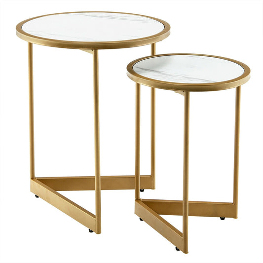 Round Nesting Table Set of 2 with Marble-like Tabletop, White - Gallery Canada