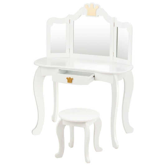 Kids Makeup Dressing Table with Tri-folding Mirror and Stool, White - Gallery Canada