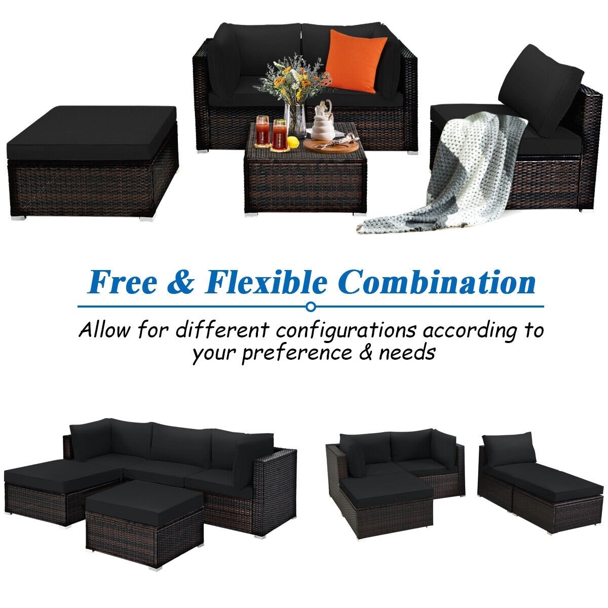 5 Pieces Patio Sectional Rattan Furniture Set with Ottoman Table, Black - Gallery Canada