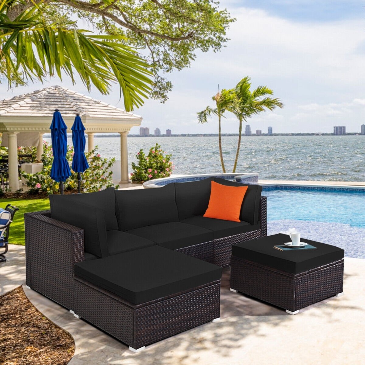 5 Pieces Patio Sectional Rattan Furniture Set with Ottoman Table, Black - Gallery Canada