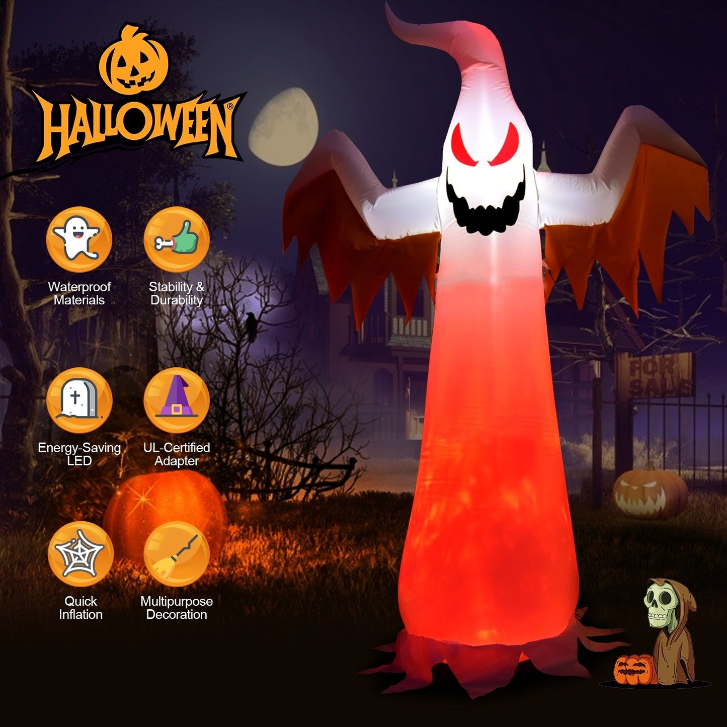 8 Feet Halloween Inflatable Ghost with Rotatable Flame LED Lights, White - Gallery Canada