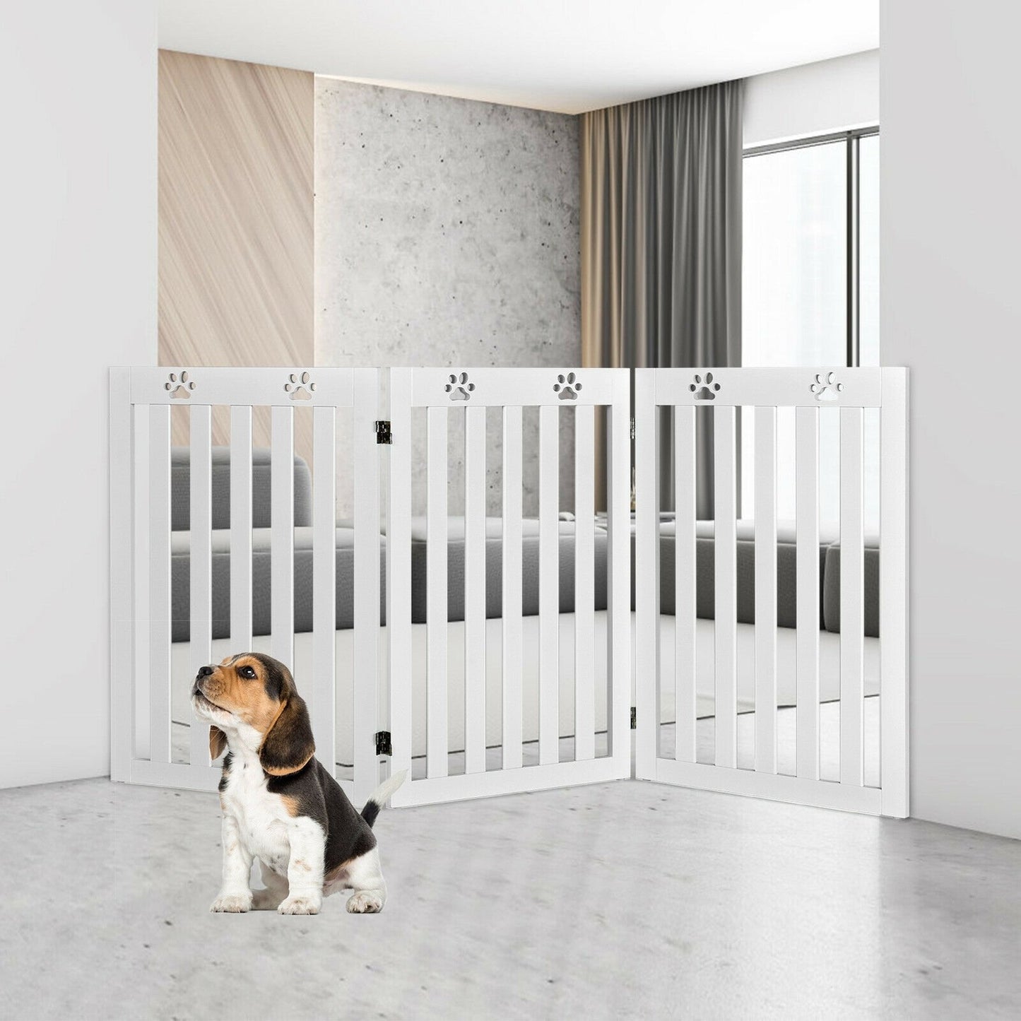36 Inch Folding Wooden Freestanding Pet Gate Dog Gate with 360° Flexible Hinge, White at Gallery Canada