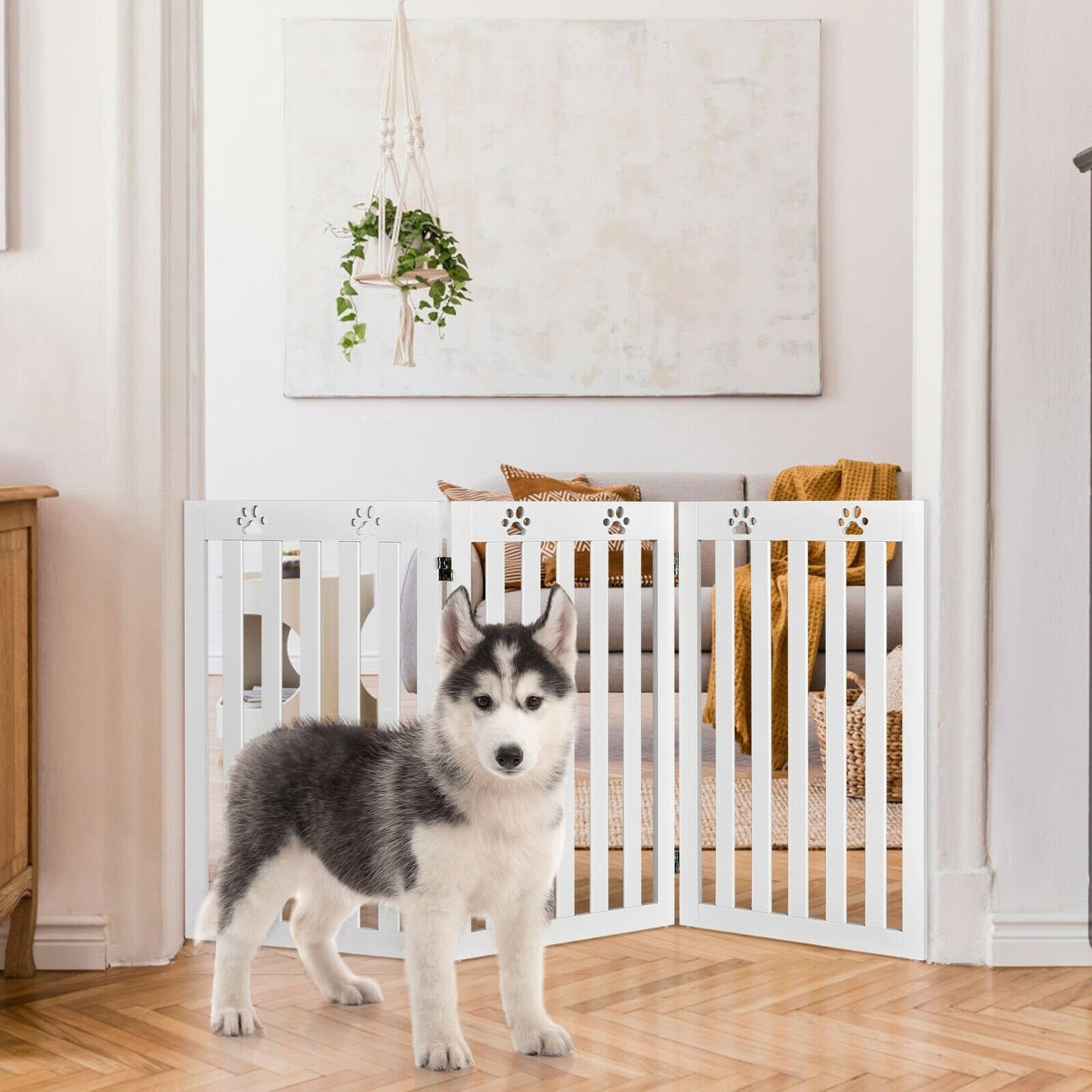 36 Inch Folding Wooden Freestanding Pet Gate Dog Gate with 360° Flexible Hinge, White - Gallery Canada