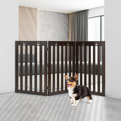 36 Inch Folding Wooden Freestanding Pet Gate Dog Gate with 360° Flexible Hinge, Dark Brown