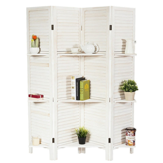 4 Panel Folding Room Divider Screen with 3 Display Shelves, White - Gallery Canada