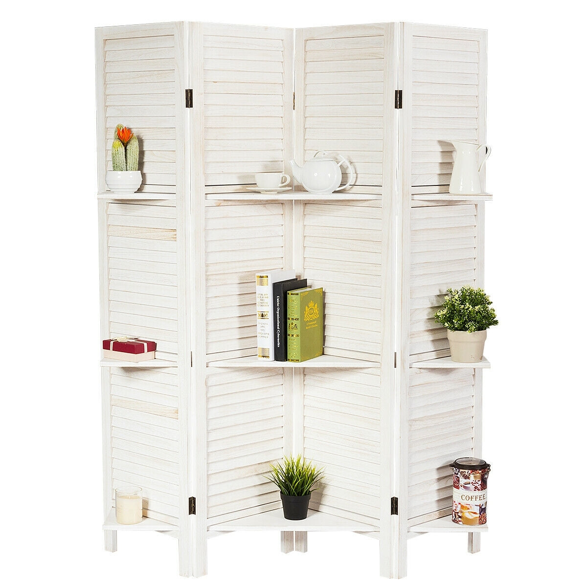 4 Panel Folding Room Divider Screen, 3 Display Shelves, White Room Dividers White at Gallery Canada