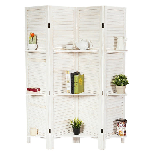 4 Panel Folding Room Divider Screen, 3 Display Shelves, White