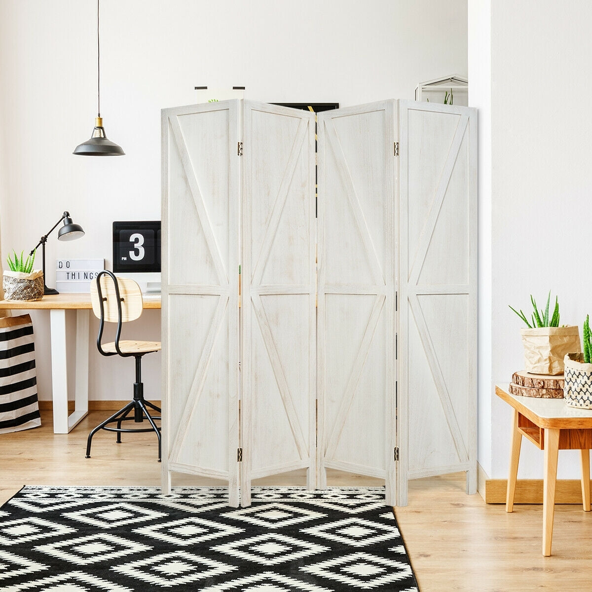 4 Panels Folding Wooden Room Divider, White Room Dividers at Gallery Canada