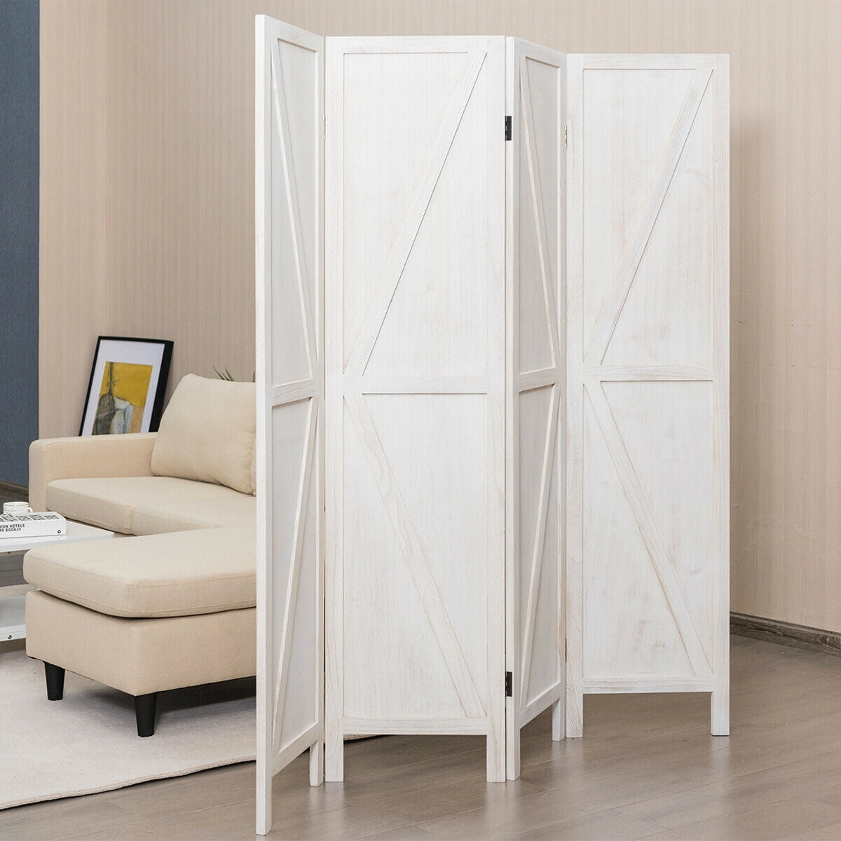 4 Panels Folding Wooden Room Divider, White Room Dividers at Gallery Canada