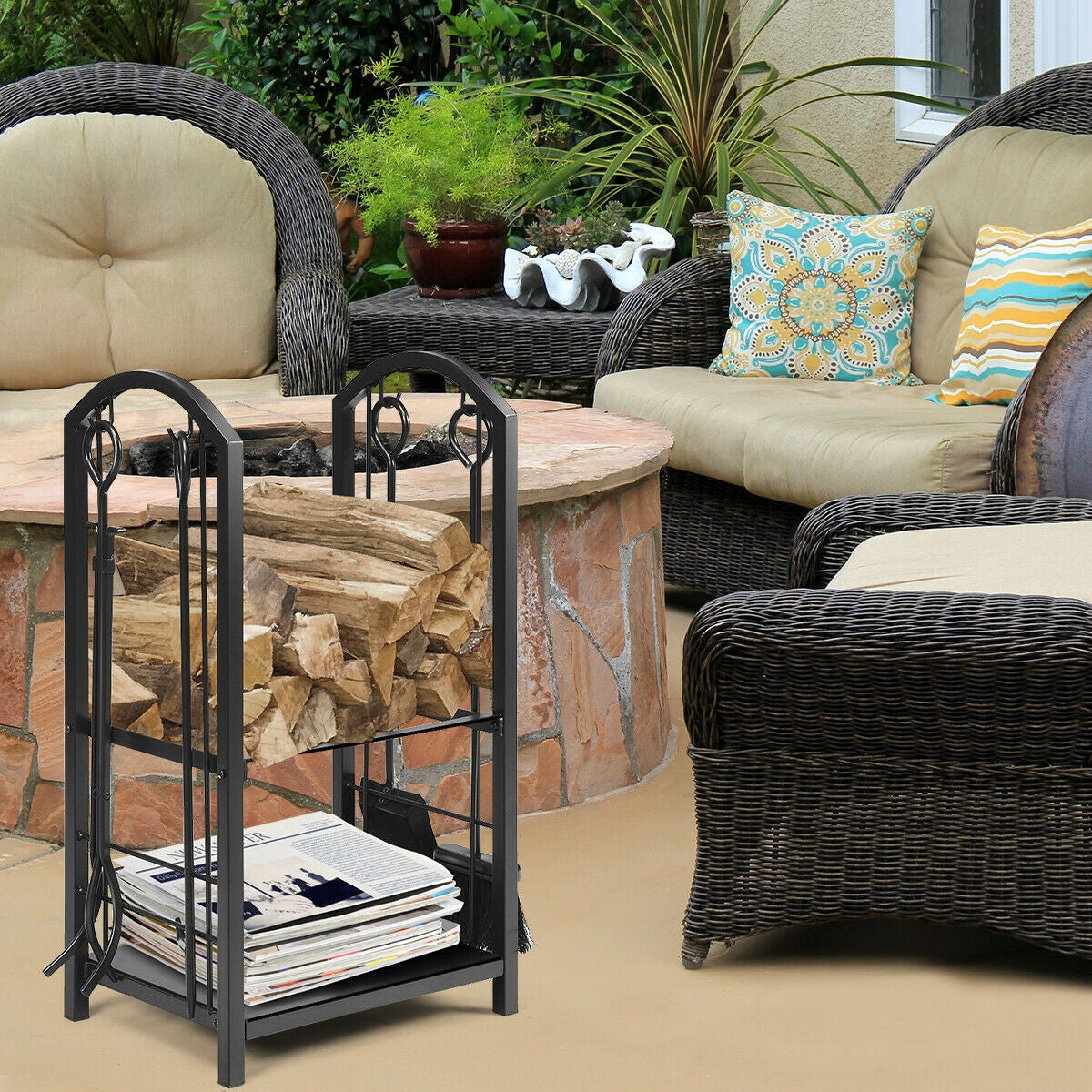 Fireplace Log Rack With 4 Tools Set, Black Log Storage at Gallery Canada