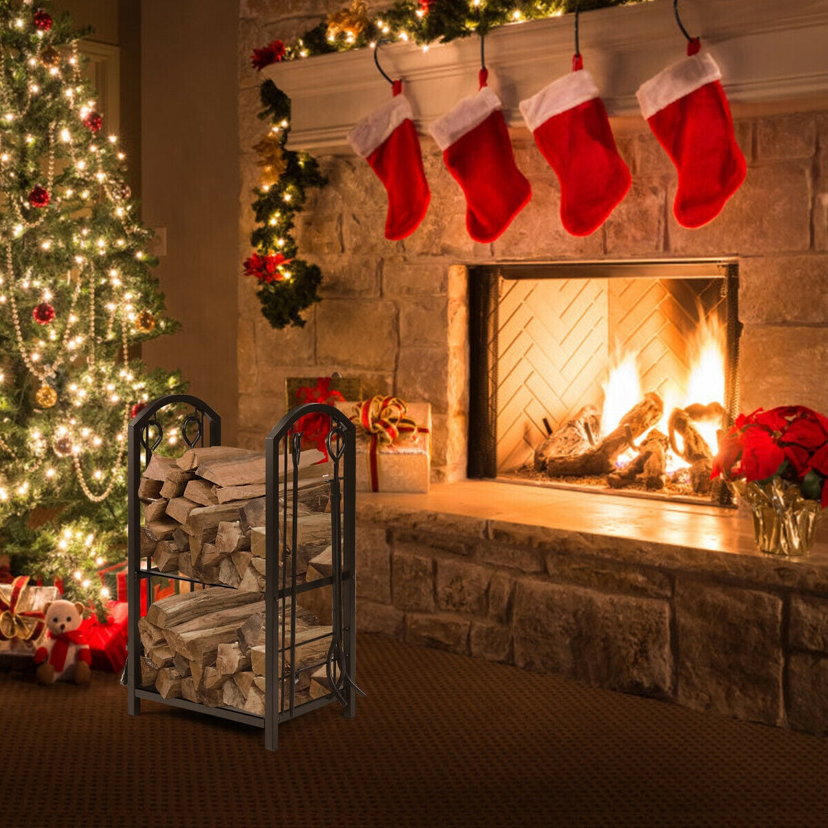 Fireplace Log Rack With 4 Tools Set, Black Log Storage at Gallery Canada
