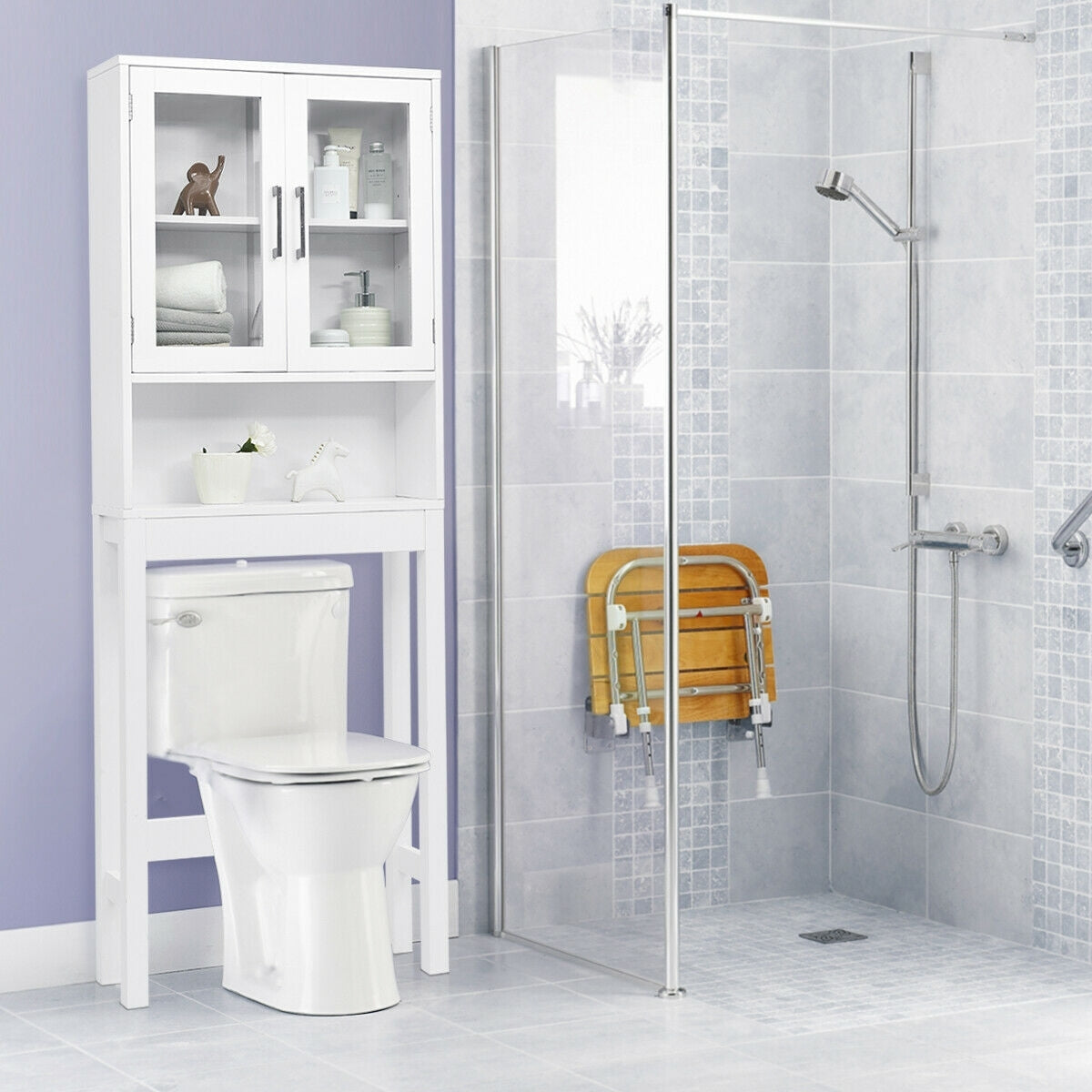 Over The Toilet Storage Cabinet, Tempered Glass Door, White Bathroom Etagere at Gallery Canada