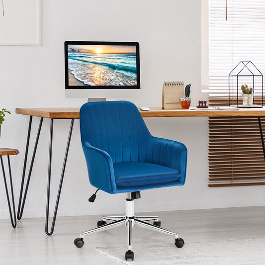 Velvet Accent Office Armchair with Adjustable Swivel and Removable Cushion, Blue - Gallery Canada
