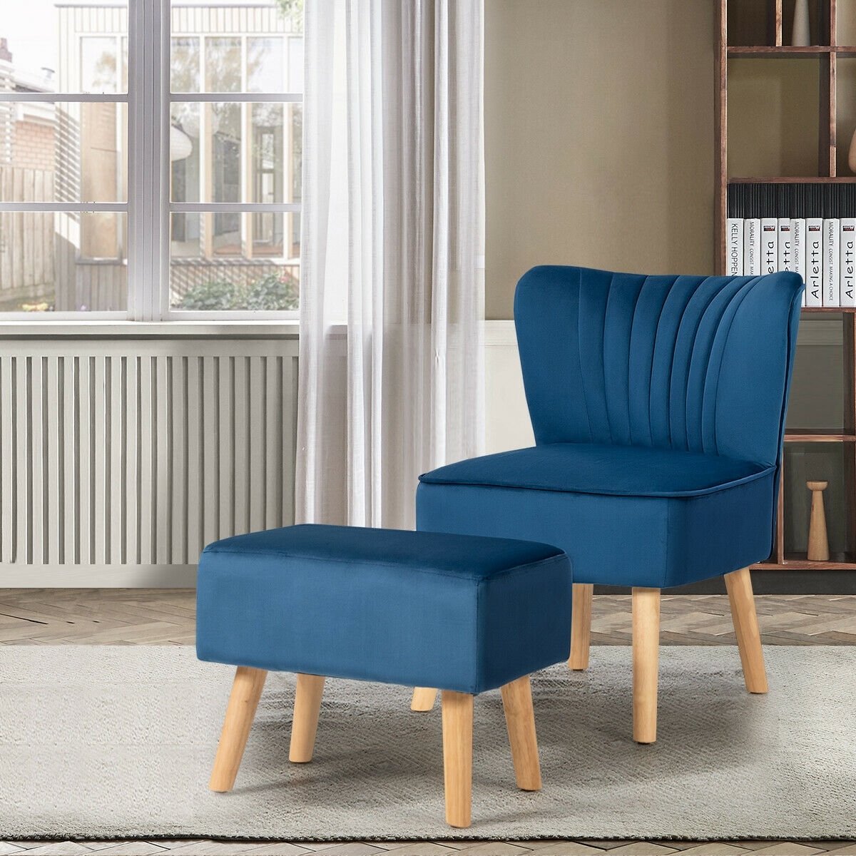 Leisure Chair and Ottoman Padded Velvet Tufted Sofa Set, Blue - Gallery Canada