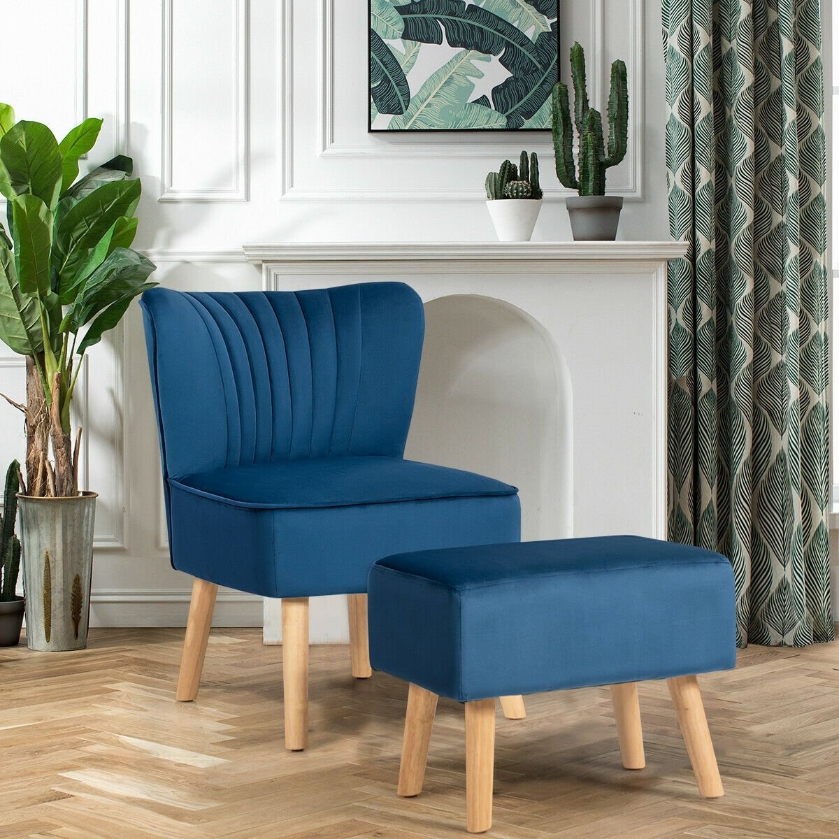 Leisure Chair and Ottoman Padded Velvet Tufted Sofa Set, Blue - Gallery Canada