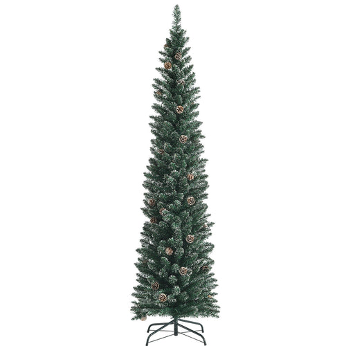 Artificial Pencil Christmas Tree With Pine Cones, 7 ft, Green