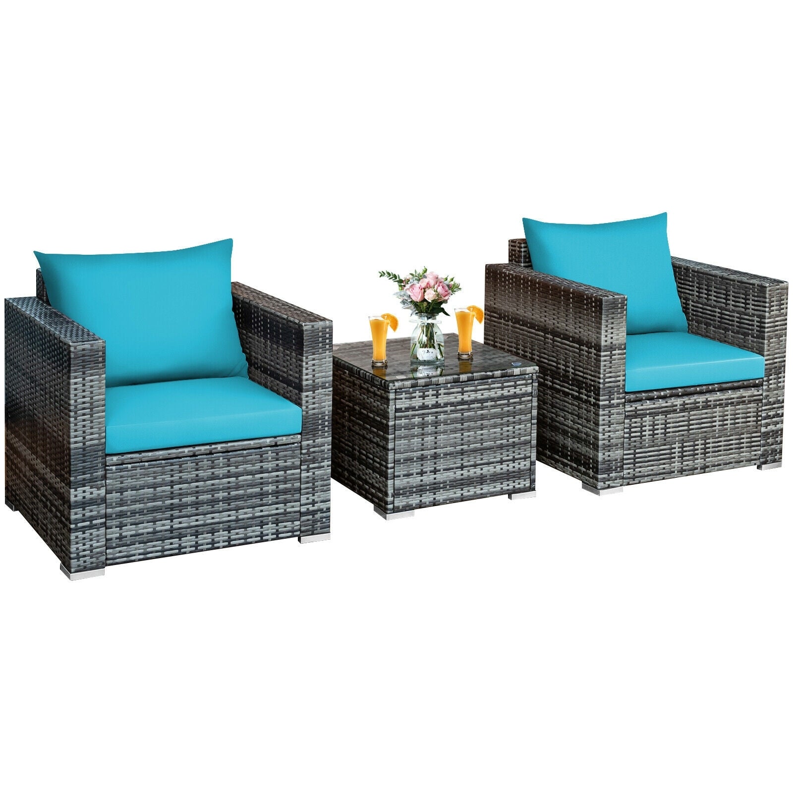 3 Pieces Patio Rattan Furniture Bistro Sofa Set with Cushioned, Turquoise Patio Conversation Sets at Gallery Canada