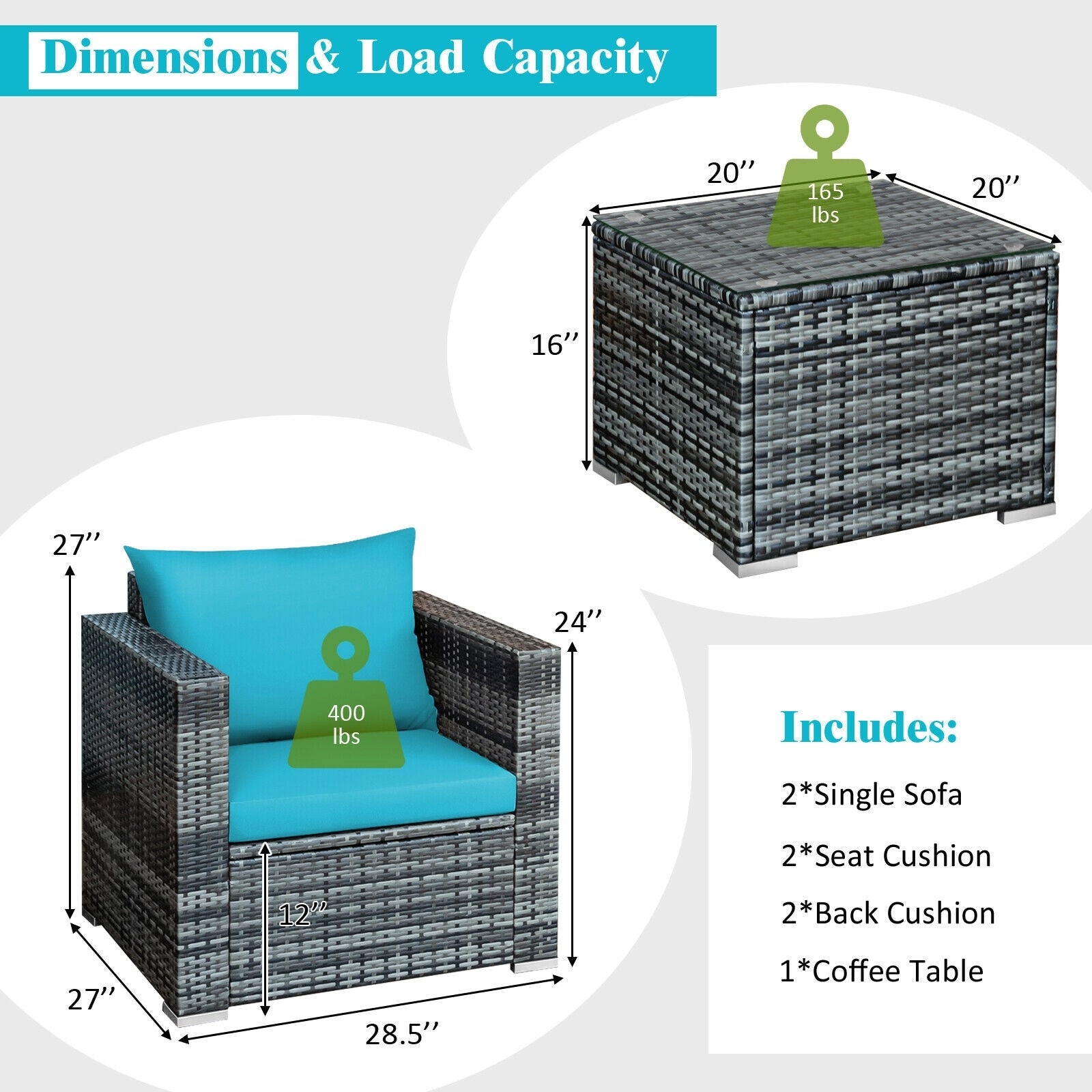 3 Pieces Patio Rattan Furniture Bistro Sofa Set with Cushioned, Turquoise Patio Conversation Sets at Gallery Canada