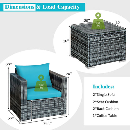 3 Pieces Patio Rattan Furniture Bistro Sofa Set with Cushioned, Turquoise Patio Conversation Sets at Gallery Canada