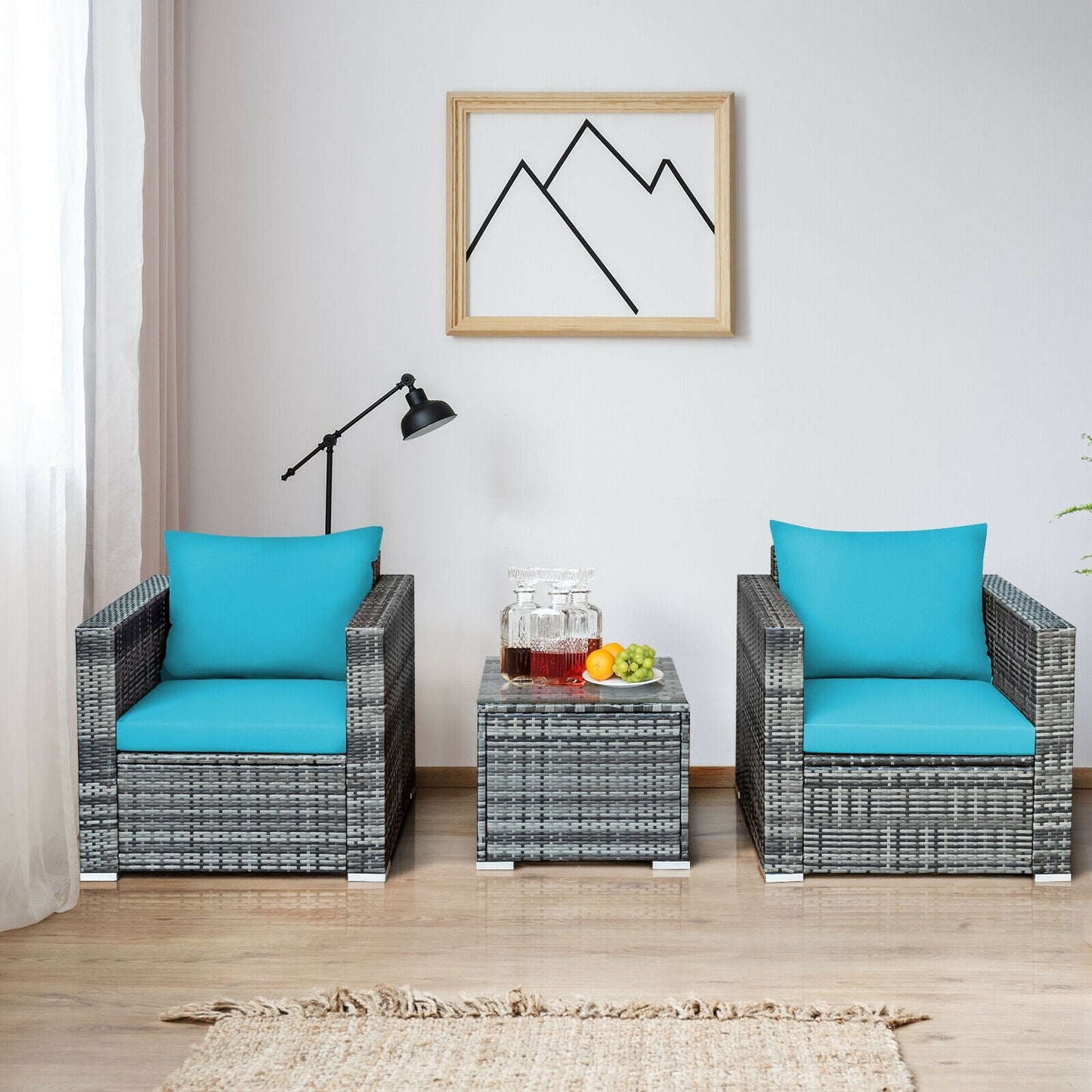 3 Pieces Patio Rattan Furniture Bistro Sofa Set with Cushioned, Turquoise Patio Conversation Sets at Gallery Canada