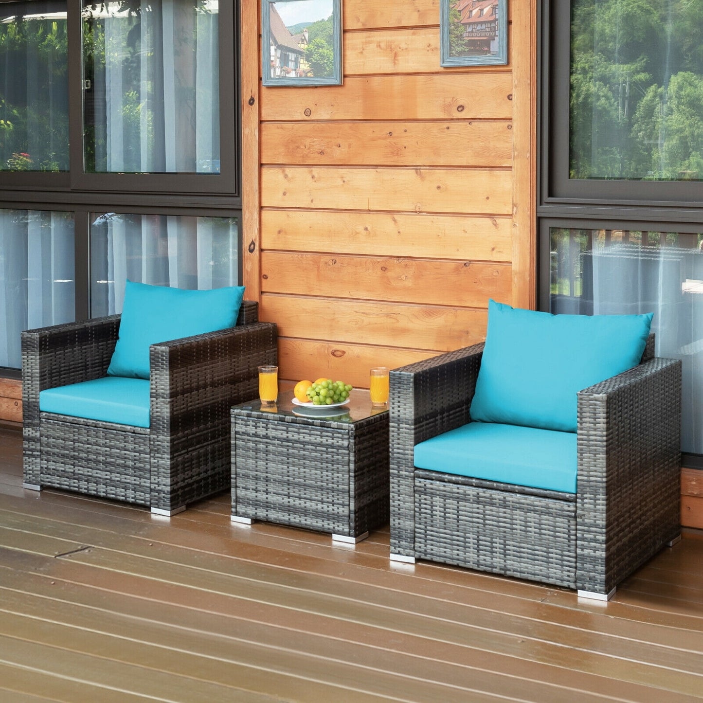 3 Pieces Patio Rattan Furniture Bistro Sofa Set with Cushioned, Turquoise Patio Conversation Sets at Gallery Canada