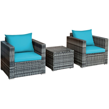 3 Pieces Patio Rattan Furniture Bistro Sofa Set with Cushioned, Turquoise Patio Conversation Sets at Gallery Canada